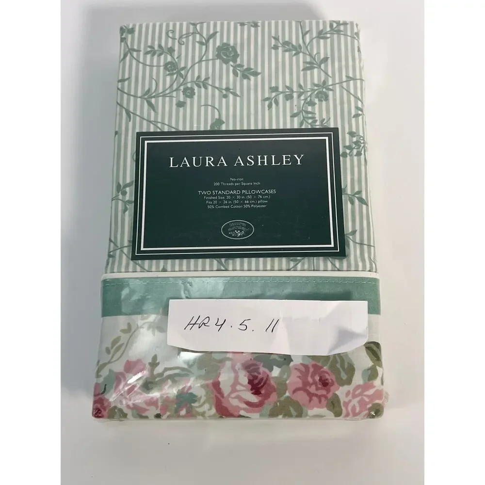 VTG Laura Ashley Cottage Rose Standard Pillowcase Set 2 Pink Green Stripe NIP